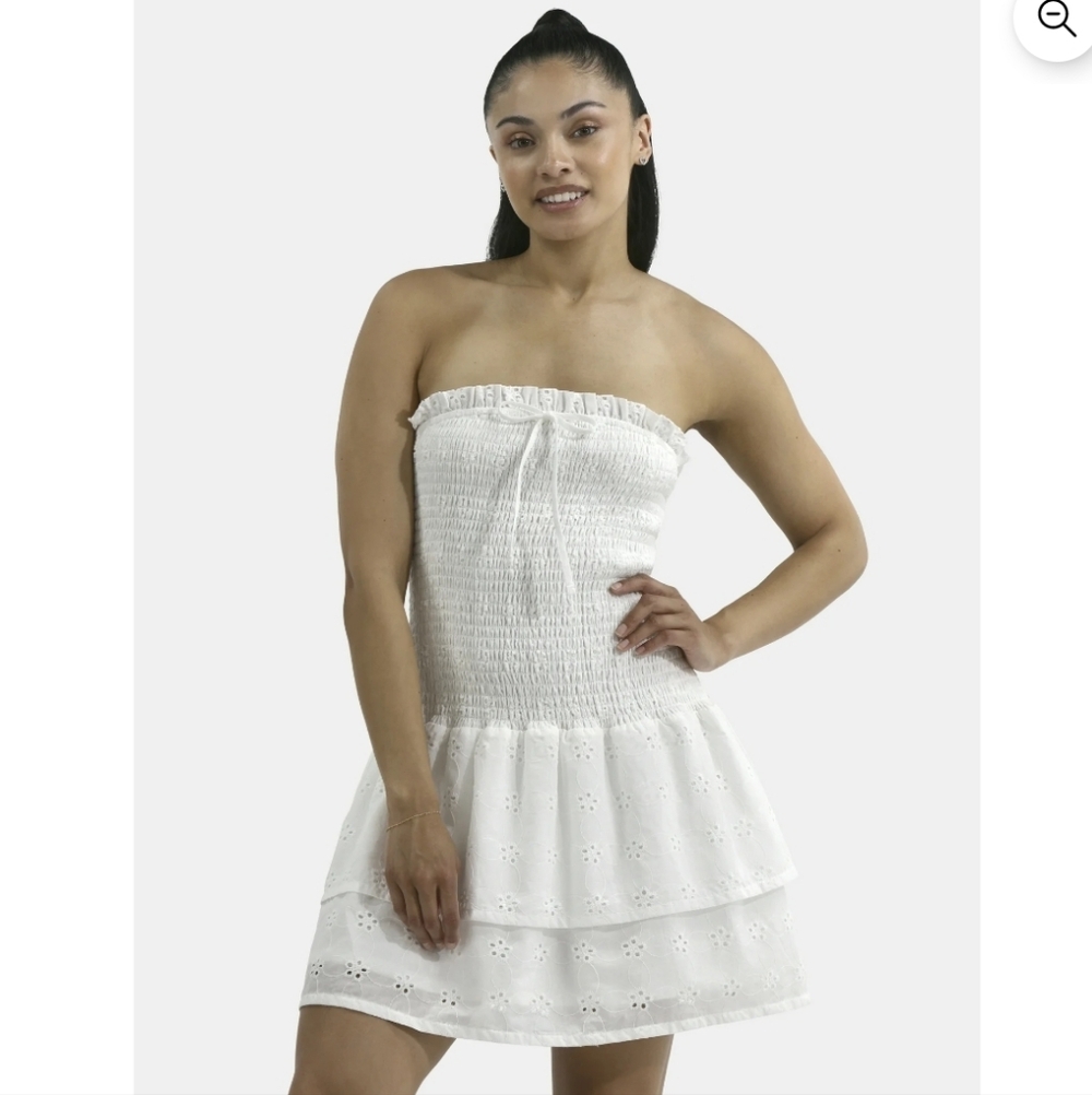 NWT No Boundaries Strapless Smocked Eyelet Ruffle Dress, L, White - Picture 2 of 5